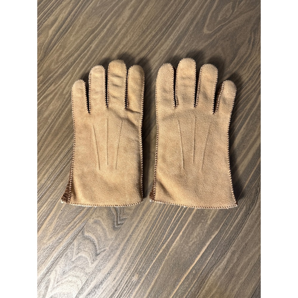 Vintage‎ Gloves Suede Faux Shearling Lined Men's Large Tan Excellent Winter Warm